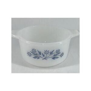 Casserole Bowl Dynaware Pyr-o-rey Blue Floral Milk Glass Vintage 4.5” D x 2.5”H
